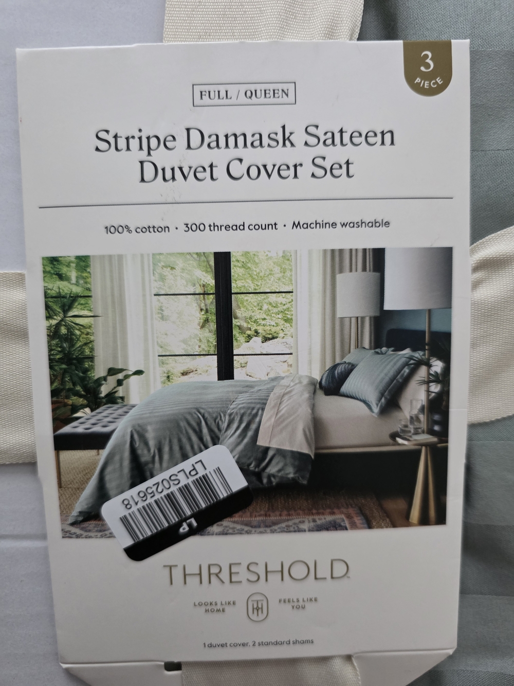 Threshold Sage Green Stripe Damask Sateen Duvet Cover Set Queen NEW